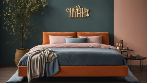  Lush Deluxe Queen Size Upholstered Bed In Cadet Blue & Orange Colour