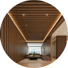 Textured wood false ceiling creating a cozy atmosphere