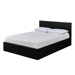Double bed with sleek wooden headboard