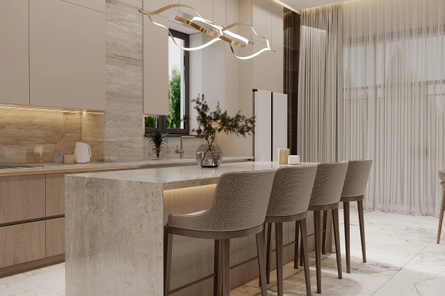 Spacious G-shaped kitchen with a peninsula for dining