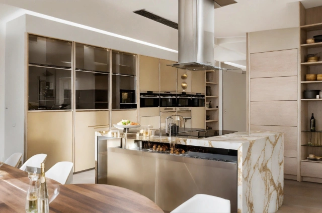 Kitchen island with built-in sink and seating