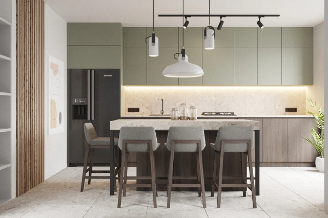 Contemporary kitchen island with dark countertop and storage