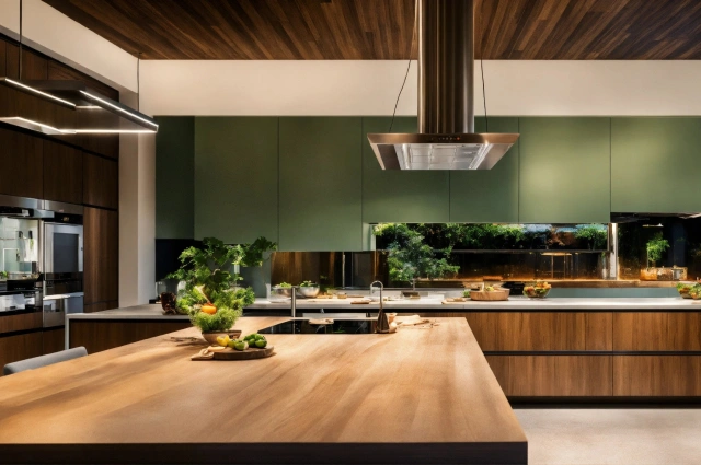 Kitchen island featuring a breakfast bar and pendant lights