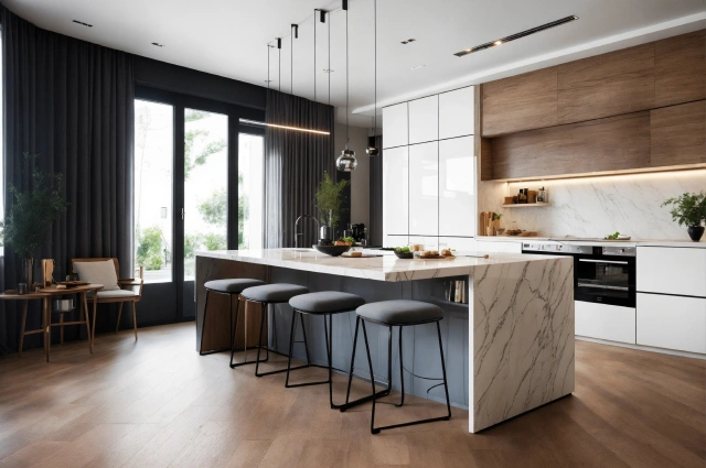 Rustic kitchen with wooden island and bar stools