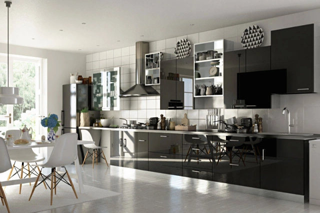 Modern one-wall kitchen with sleek cabinetry