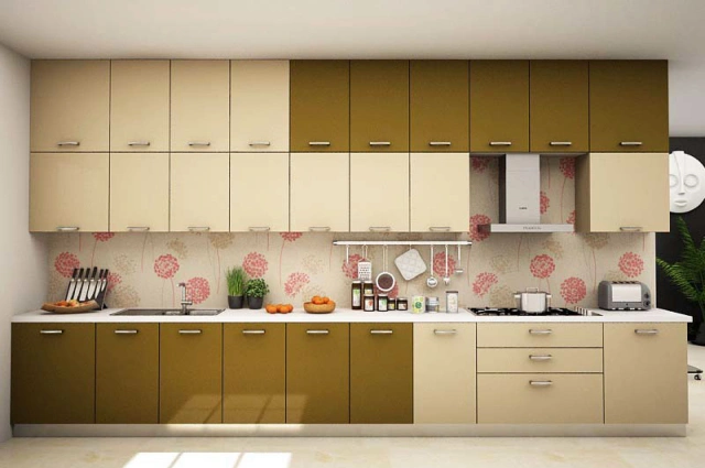 Straight kitchen featuring integrated appliances and minimalist design