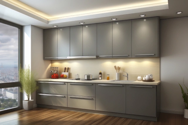 Single-wall kitchen with open shelving and subway tile backsplash