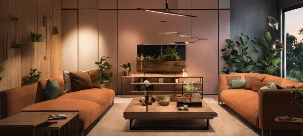 Contemporary Living Room Design With Brown Sofa and Tv Unit