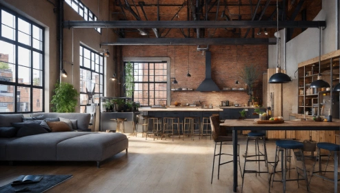 Stylish industrial living room with exposed brick walls