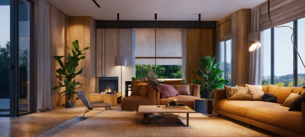 Modern Living Room Design with Beige Sofa and Marble Coffee Table