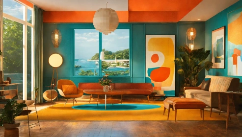 Modern Living Room Design with Dark Brown Sofa and background Orange Yellow Combination