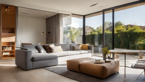 Modern Living Room Design with 2-Seater Grey Sofa and Brown Recliner