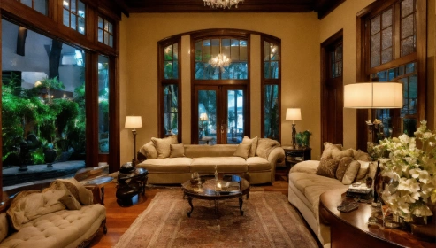 Sophisticated traditional living room with patterned rugs