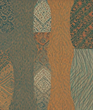 Bohemian wall with vibrant patterns and earthy tones.