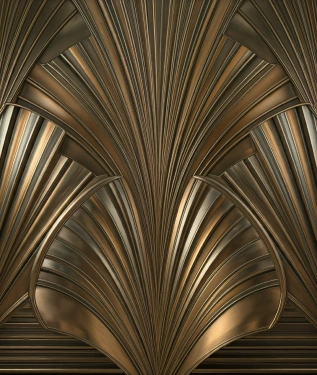 Art Deco wall with geometric patterns and metallic accents.
